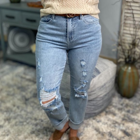 Risen High Rise Boyfriend Distressed Straight Stretch Jeans Light 2422 - Picture 5 of 13